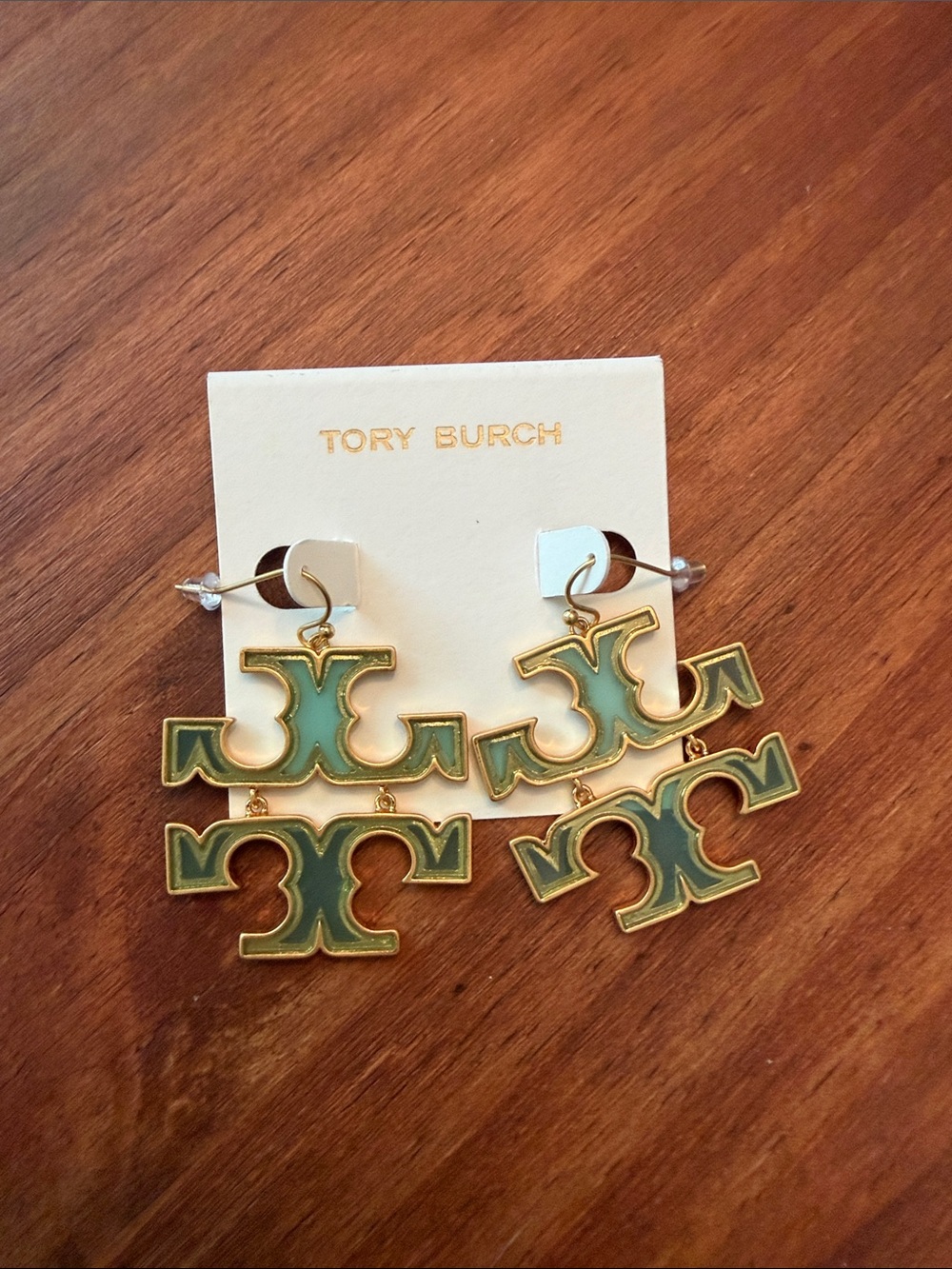 Tory Burch Gold-Tone teal Enamel Double Logo Drop Earrings
